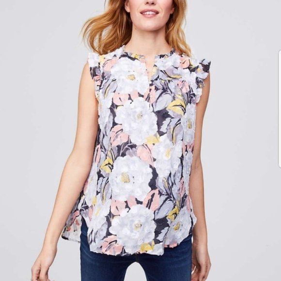 LOFT Tops - Loft Floral Textured Ruffle Sleeveless Top - Size Small Petite